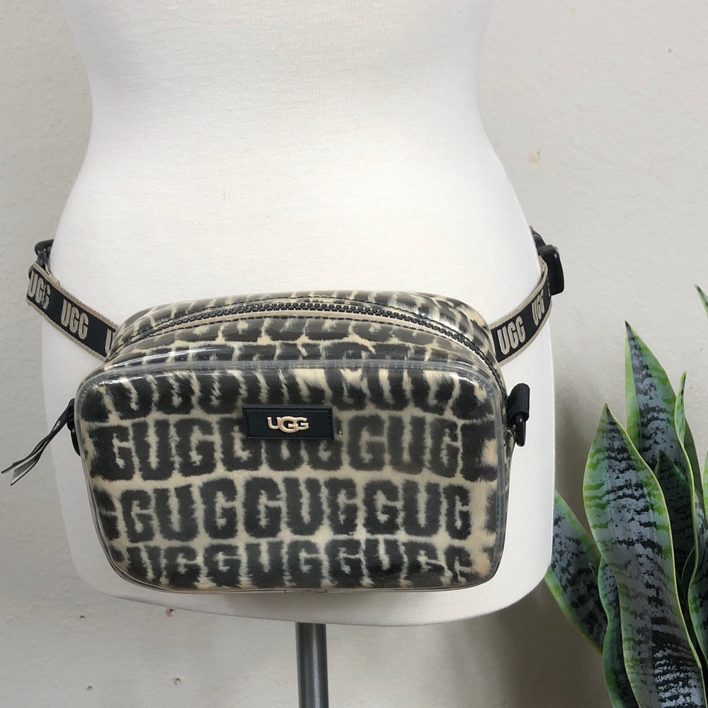 UGG PVC Plush Monogram Print Belt Crossbody Bag Black and Cream Janey II